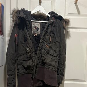 Khujo gray Fur-Trim Hooded Winter Jacket